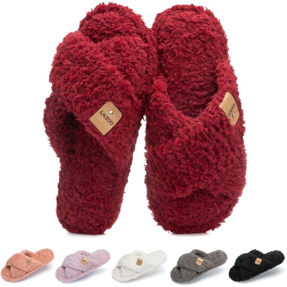 ⚡Women’s‎ Wine Red Faux Fur Cozy Fuzzy Cross Band Slippers Indoor House Shoes